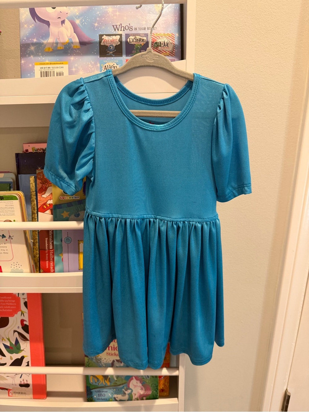 Pink Chicken Girls' Teal Blue Puff-Sleeve Casual Dress (Good condition)